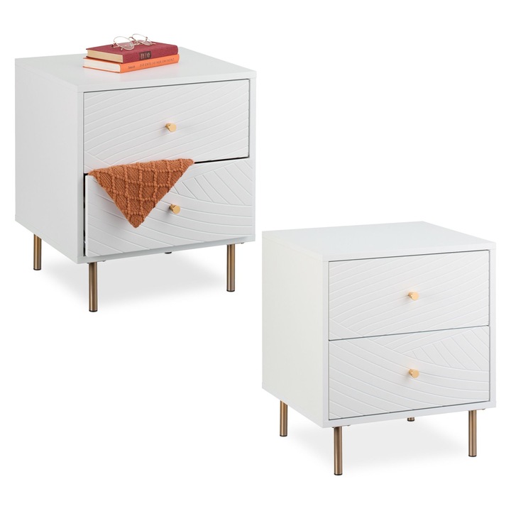 Set 2 noptiere Relaxdays,, 2 sertare, 45 x 40 x 52 cm, MDF, Alb/Auriu