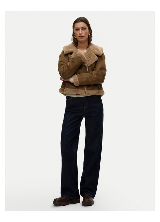 Palton dama, Vero Moda, blana artificiala, fermoar, maro, poliester, XS INTL