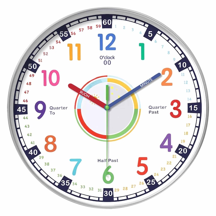 Ceas de perete, SINBINTA, pentru copii, silentios, multicolor, 31.5x31.5cm