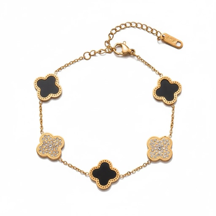 Bratara rose gold, otel inoxidabil, suflata cu aur 18k, cu piese in forma de trifoi stilizat si pietre, Donia C6