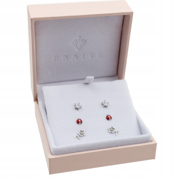 Cercei argint, Fraise, set 3 perechi, argint 925, stele, buburuza, flori