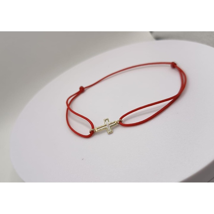 Bratara cu Pandantiv Cruce, 14K 585, snur rosu reglabil, aur galben