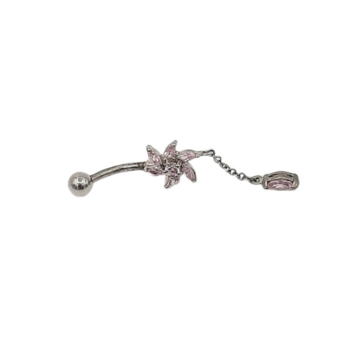Percing inox de buric cu pietre roz de zirconiu floare bila 4 mm lungime 4, 5 cm Anastasia