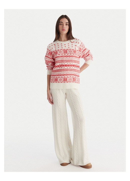 Pulover dama Only, rosu, alb, material tricotat