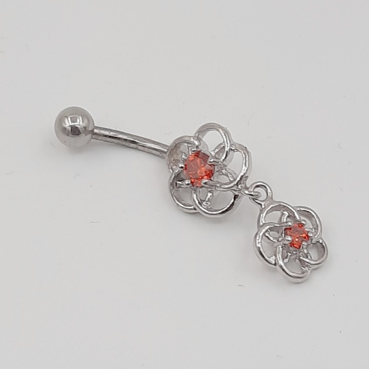 Percing inox de buric cu pietre rosii de zirconiu in 2 flori bila 4 mm lungime 3, 8 cm Agafia