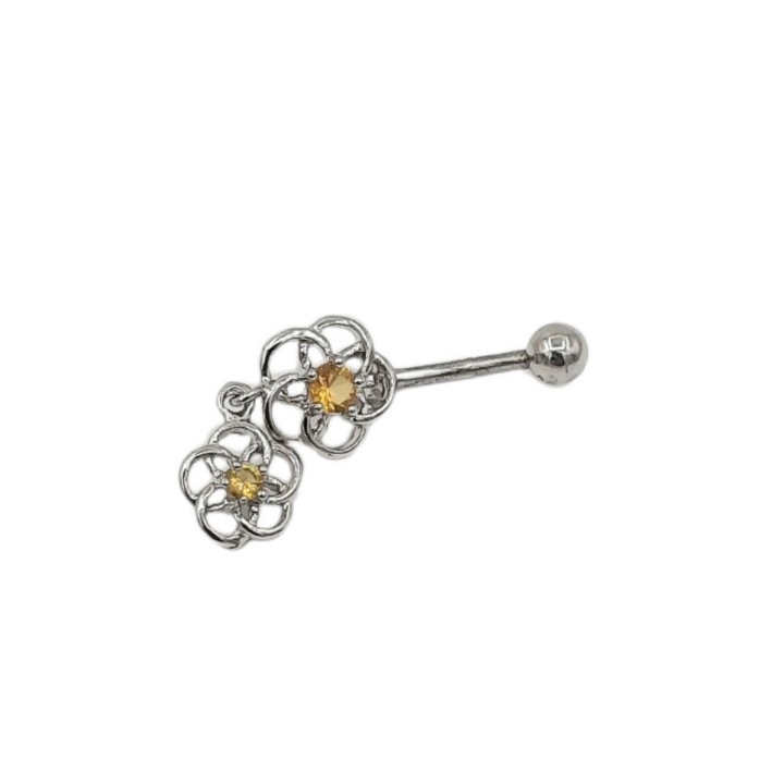 Percing inox de buric cu pietre roz de zirconiu in 2 flori bila 4 mm lungime 3, 8 cm Agata