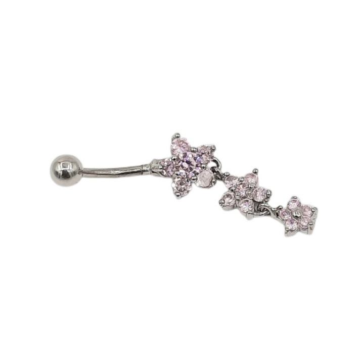 Percing inox de buric cu pietre roz de zirconiu 3 flori bila 4 mm lungime 4 cm Alda