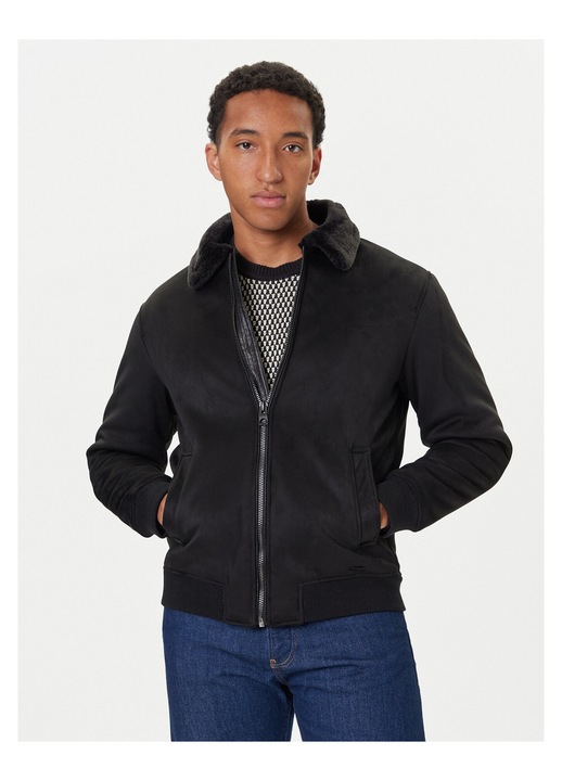 Geaca barbati, Guess, imitatie de piele, fermoar, negru, poliester, M INTL