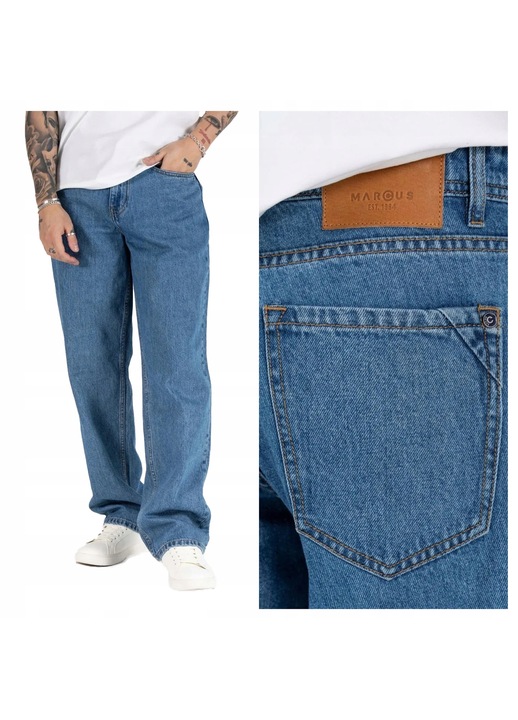 Blugi Barbati, Marcus, Jason Z, Loose Fit, Talie Inalta, Fermoar, Lungi, 5 Buzunare, 100% Bumbac, Albastru, Albastru