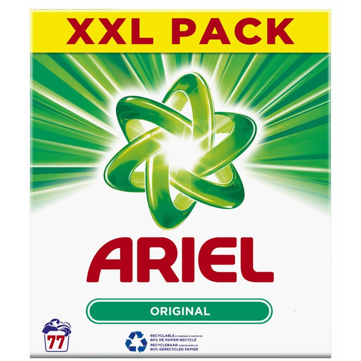 Detergent pudră rufe albe Ariel Original, 77 spălări, 5, 005 kg, eficiență la 30°C, curățare profundă