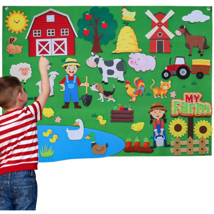 Set Jucării Montessori DicBoster, Ferma din Filt, 4 animale, 105x75cm, poliester