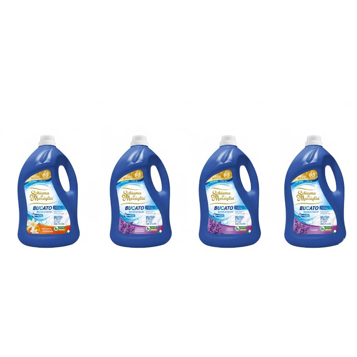 Pachet detergent lichid Schiuma di Marsiglia, 3 x Lavanda + 1 x Arancio & Narciso, 4 x 5L, pentru rufe albe si colorate, curatare profunda si parfum floral-citric, pana la 260 spalari