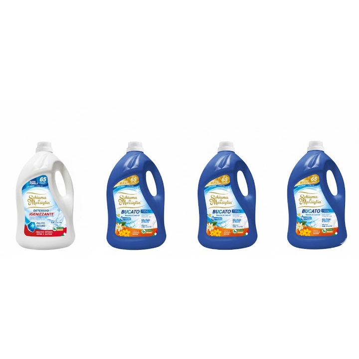 Pachet detergent lichid Schiuma di Marsiglia, 3 x Arancio & Narciso + 1 x Igienizant, 4 x 5L, pentru rufe albe si colorate, curatare profunda, igienizare si parfum citric-floral, pana la 260 spalari