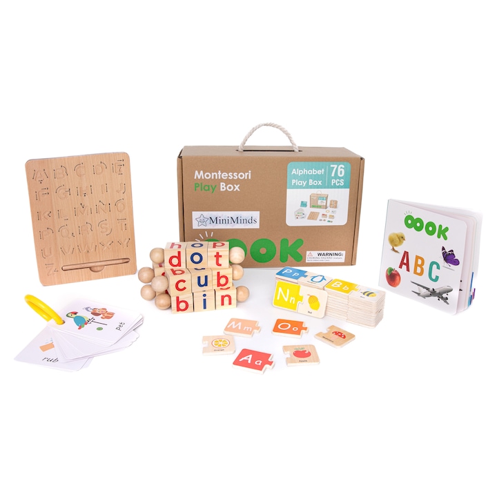 Set Educațional Montessori Alfabet Tooky Toy, 12 piese, lemn, 36+ luni