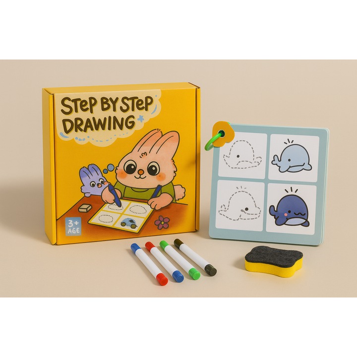 Set Educativ Desen Step by Step pentru Copii – 60 Fise Reutilizabile, Markere Lavabile si Buretel | Joc Creativ, Montessori, Invatare Prin Joaca, Varsta 3+