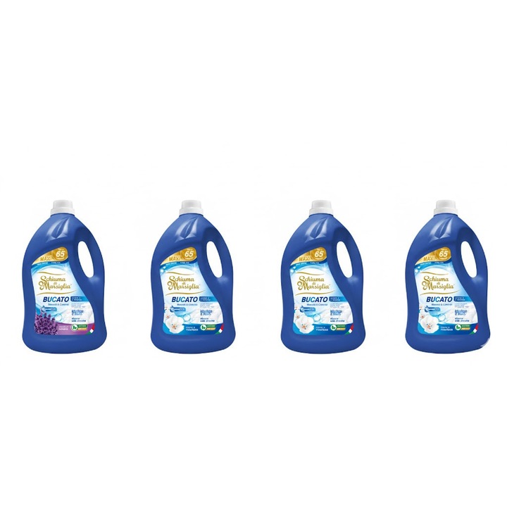 Pachet detergent lichid Schiuma di Marsiglia, 3 x Clasic + 1 x Lavanda, 4 x 5L, pentru rufe albe si colorate, curatare profunda si parfum proaspat floral, pana la 260 spalari