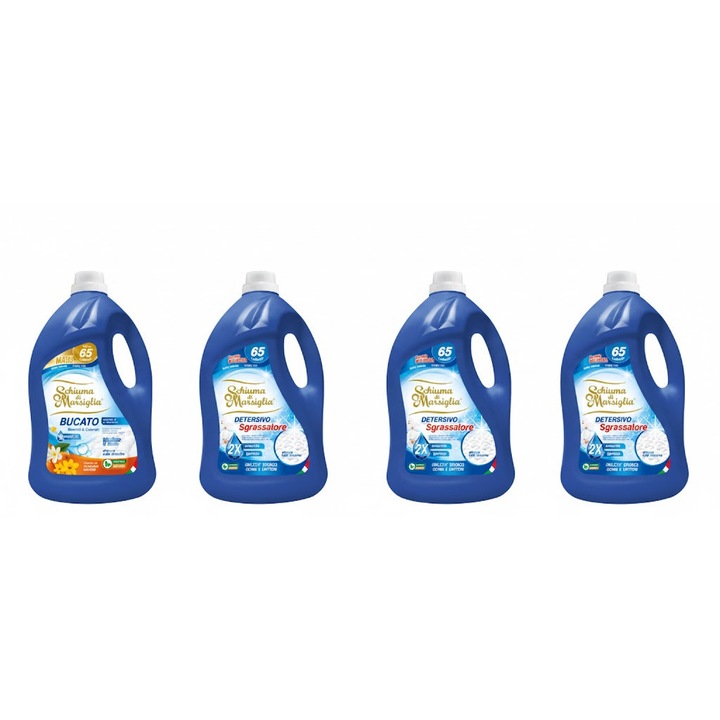 Pachet detergent lichid Schiuma di Marsiglia, 3 x Sgrassatore + 1 x Arancio & Narciso, 4 x 5L, pentru rufe albe si colorate, curatare profunda, indepartare pete si parfum citric, pana la 260 spalari