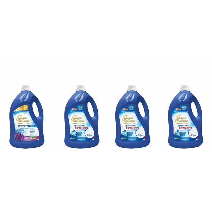 Pachet detergent lichid Schiuma di Marsiglia, 3 x Sgrassatore + 1 x Lavanda, 4 x 5L, pentru rufe albe si colorate, curatare profunda, indepartare pete si parfum proaspat de lavanda, pana la 260 spalari