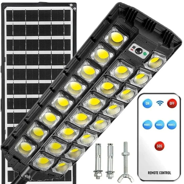 Lampa Solara LED 2000W Stradala – Panel Fotovoltaic, Senzor Miscare + Senzor Intuneric, Telecomanda – Iluminat Exterior Curte/Parcare