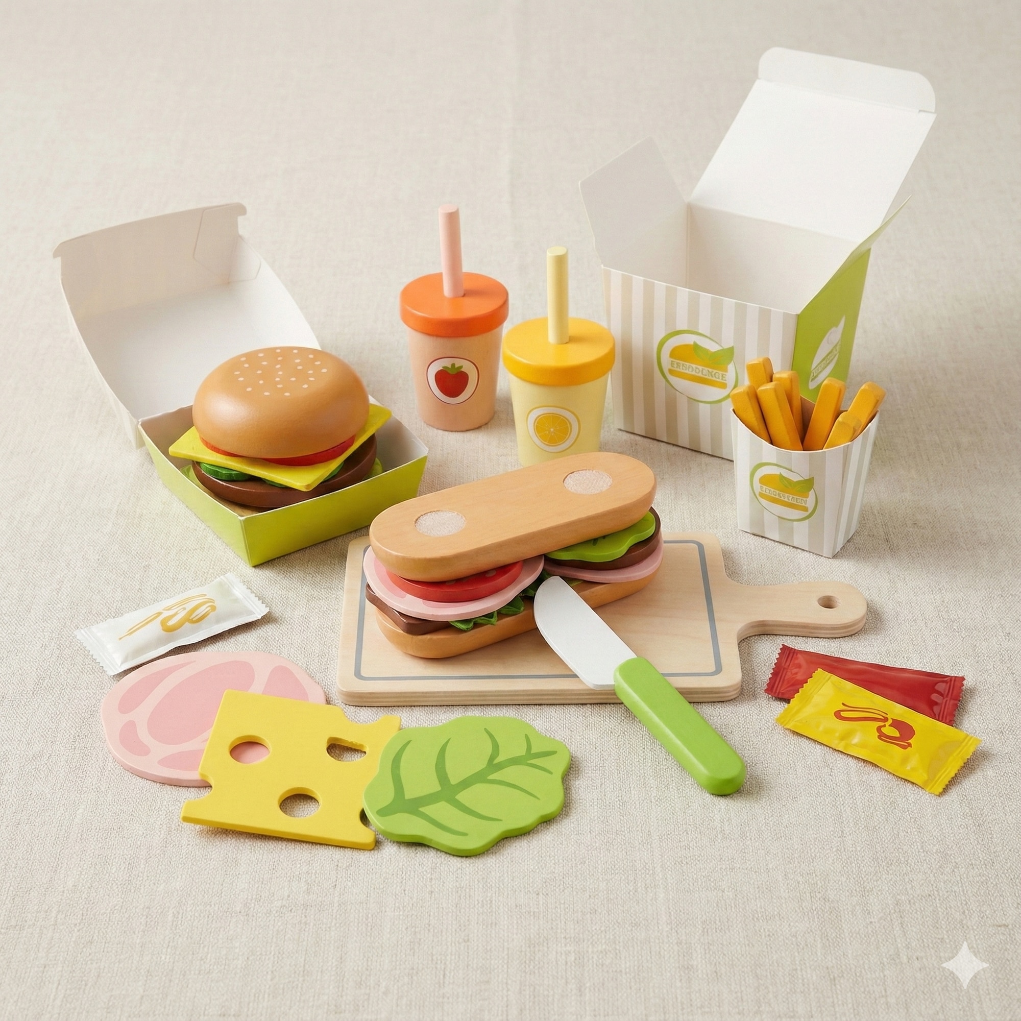 Set Jucarie Montessori Fast-Food, din Lemn pentru Copii, Non-Toxic