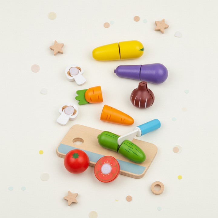 Комплект играчки Монтесори зеленчуци, дървени за деца, нетоксични, с дъска за рязане и тъп нож, зеленчуци за рязане, ролева игра в кухнята, развитие на креативността и двигателните умения, образователен подарък, PriStyle®