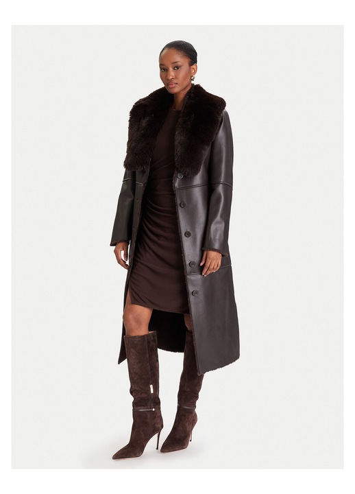 Palton dama, GUESS BY MARCIANO, blana artificiala, nasturi, maro, poliuretan, 40 EU