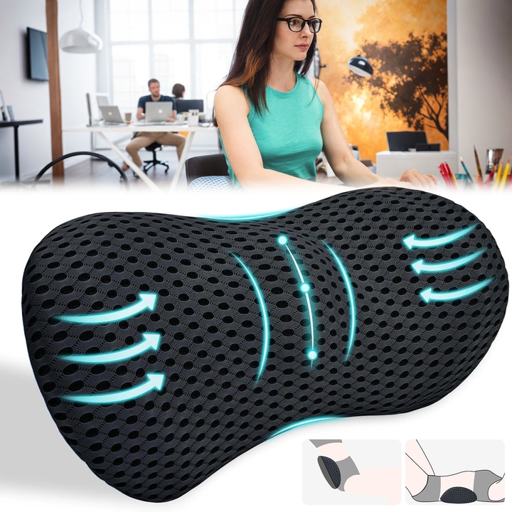 Perna ortopedica pentru suport lombara, Wacorresi, Perna lombara spuma cu memorie, design ergonomic, cu Husa Respirabila si Antialunecare, protectie zona Lombara, pentru scaun de birou sau masina, Negru, 46x23x11cm