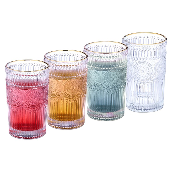 Set de 4 pahare de băut Relaxdays, design vintage, auriu/transparent, sticlă