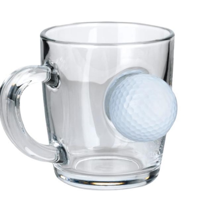 Üvegpohár beépített golflabdával, kézzel készített, 340ml, ideális kávéhoz és hideg italokhoz
