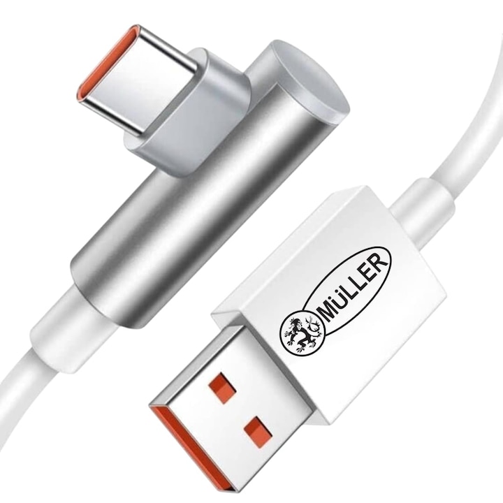 Adatátviteli és gyors töltő kábel TurboCharge 40 W, Müller®, 6A Xiaomi, RedMi, Poco, BlackShark készülékekhez, PRÉMIUM, USB – USB-C 90⁰, Type C, 1.8 m, fehér-narancs