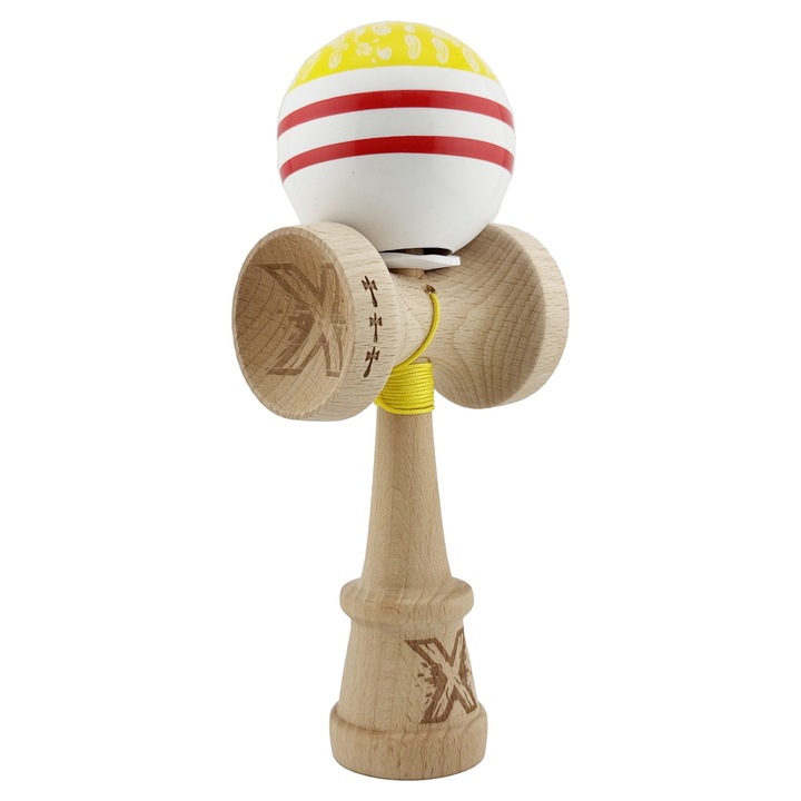 Kendama SUPER STYKY CHICANOS, Big cup V3, Lemn, 18 cm, Rulment Metalic cu Ata 55 cm, Cupe Mari, Rulment, Balace Hole, Galben - Rosu - alb