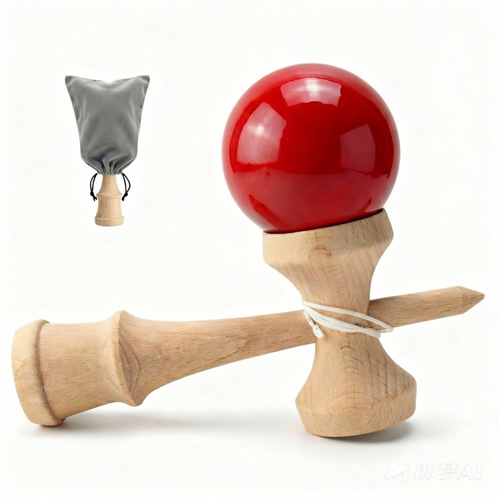 Kendama din lemn, 18*6.2*3 cm, bila 6 cm, Sac de depozitare din panza, Finisaj PU lucios: Miscare usoara, Stralucire durabila, Rosu