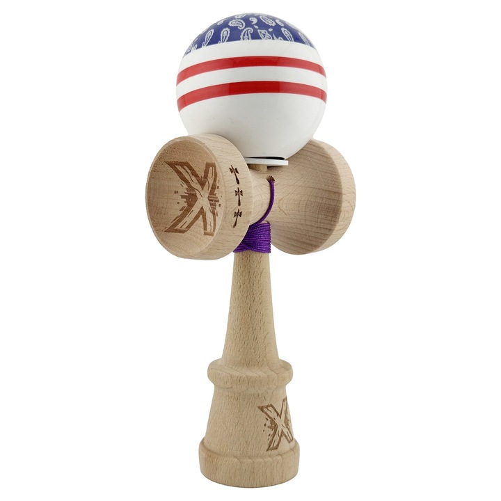 Kendama SUPER STYKY CHICANOS, Big cup V3, Fa, 18 cm, Fémcsapágy 55 cm-es zsinórral, Nagy poharak, Csapágy, Balace Hole, Kék - Piros - Fehér