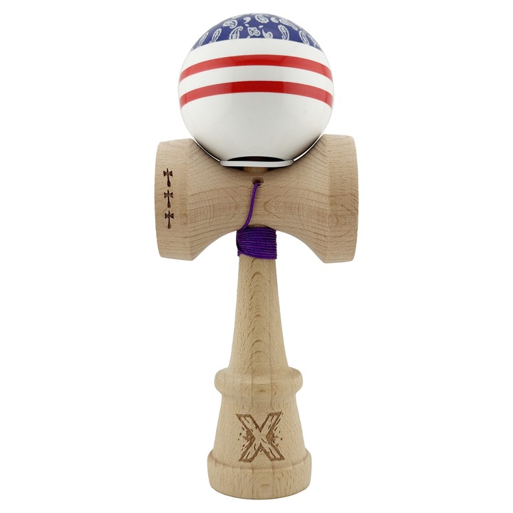 Kendama X Originala CHICANOS, Profesionala, Cupe Mari KING SIZE V3, Super Lipicios, Gaura in Baza, Rulment Metalic, din lemn 18 cm, Ata 62/65 cm, Mov/Alb