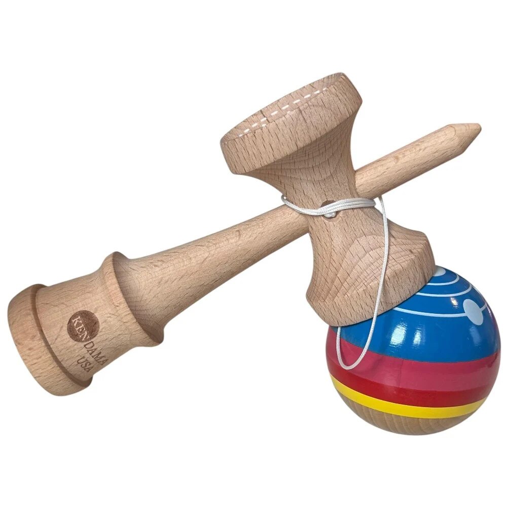 Kendama USA Space lucioasa, 18 cm, Natur-Galben-Rosu-Albastru, din