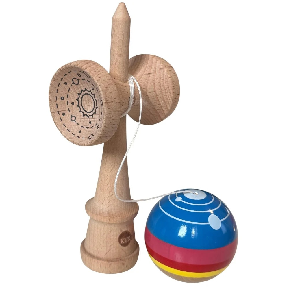Kendama USA Space lucioasa, 18 cm, Natur-Galben-Rosu-Albastru, din