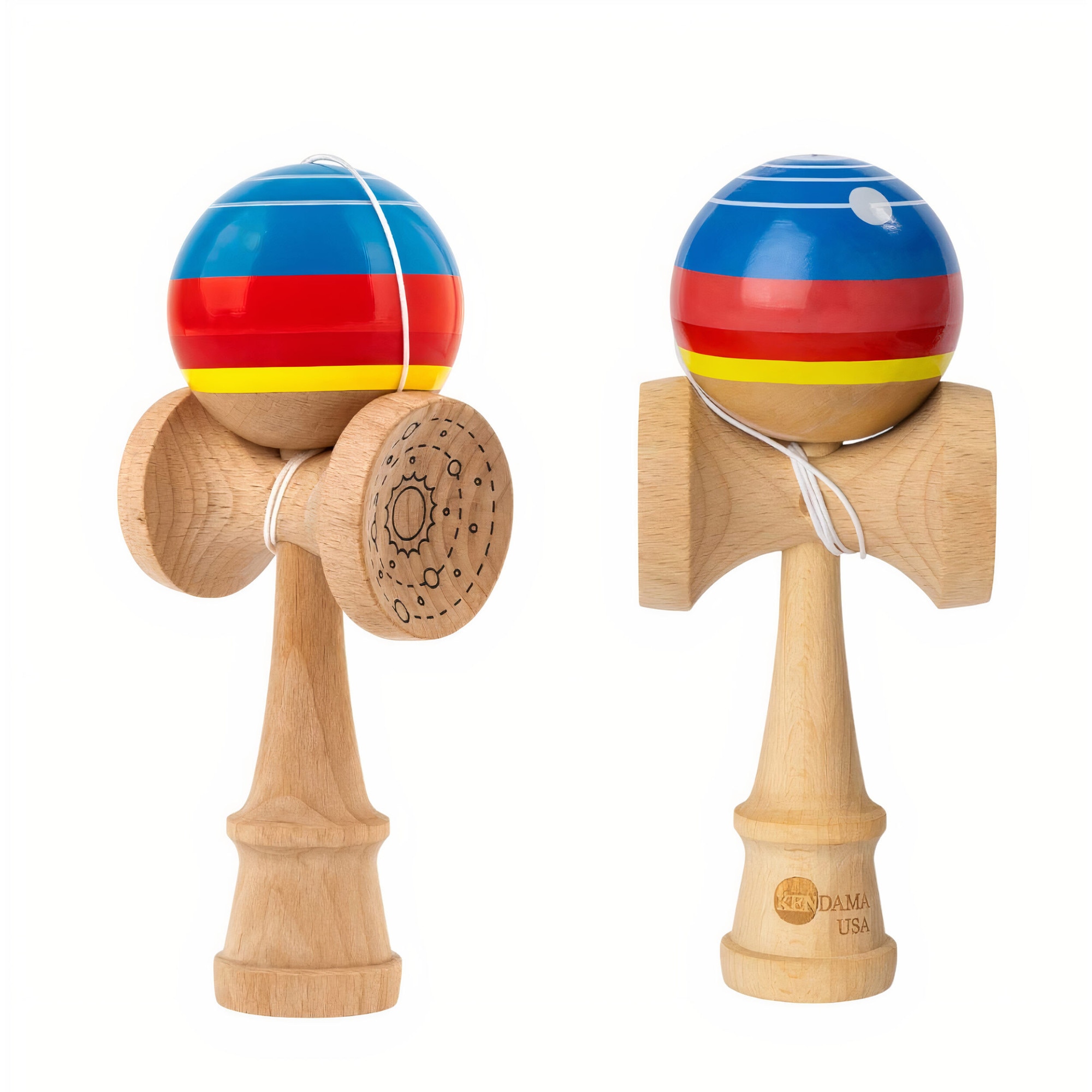Kendama USA Space lucioasa, 18 cm, Natur-Galben-Rosu-Albastru, din