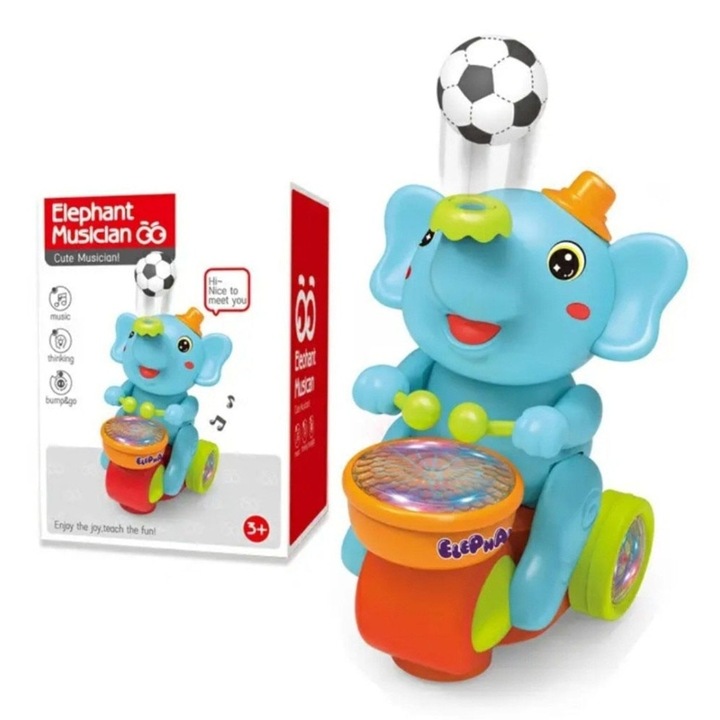 Jucarie Interactiva elefant ce invarte o minge pe trompa in timp ce bate la toba, muzica si sunete, lumini tip proiectie, mers universal si evitare automata a obstacolelor, culoare albastru