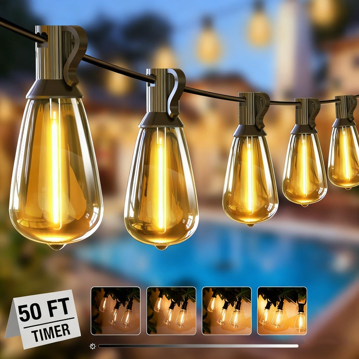 Ghirlanda luminoasa decorativa exterior, 15.2 m, YOUKUKE®, G5428-ST38, 25 becuri+2 becuri rezerva, 2700K, E27, Rezistent la apa, interconectabila, lumina calda, Cu Becuri De Interior/Exterior/Gradina