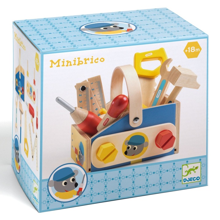 Set bricolaj Minibrico, Djeco, unelte din lemn, cutie de depozitare, 18 luni+