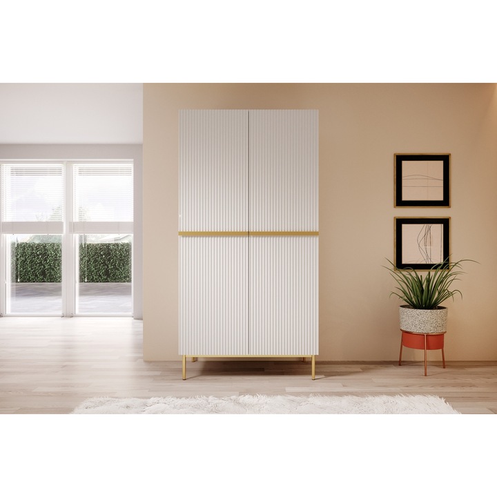 Dulap, Meble Bogart, Nicole, 100 x 220 x 62 cm Cu Rafturi/Usi Cu Balamale, Pal, Mat, Dormitor, Numar Rafturi 5, Numar Usi, 2, Alb Mat / Picioare Aurii