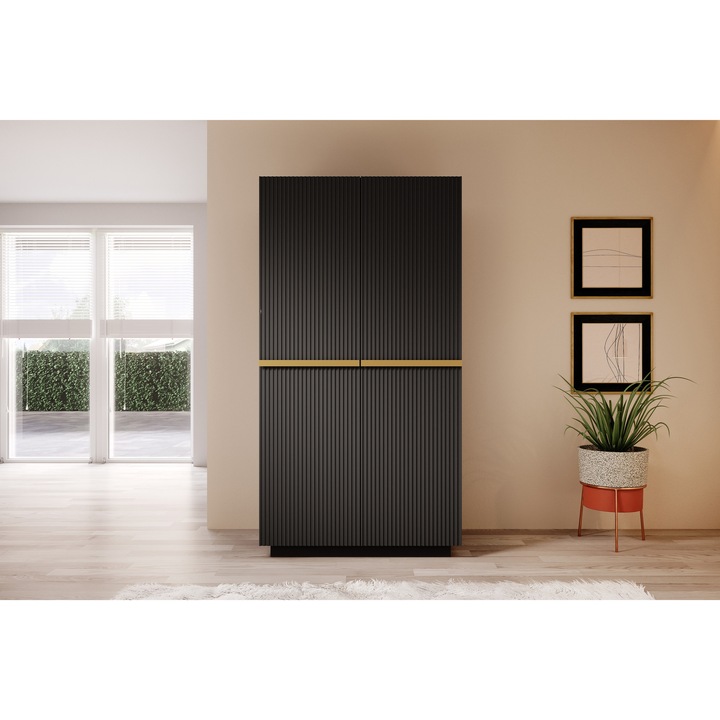 Dulap, Meble Bogart, Nicole, 100 x 207 x 62 cm Cu Rafturi/Usi Cu Balamale, Pal, Mat, Dormitor, Numar Rafturi 5, Numar Usi, 2, Negru Mat / Manere Aurii