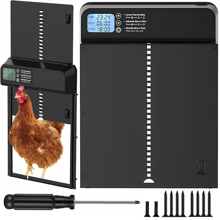 USA Automata Csirkeólajtó, ORBER, időzítő funkció, IPX3 vízálló, ABS ház + alumíniumötvözet, LCD kijelző, fekete