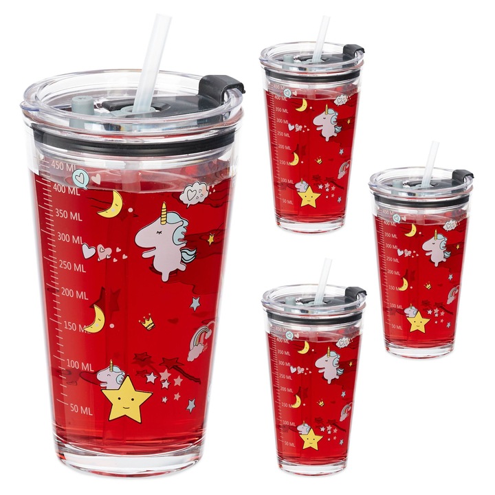 Set 4 pahare pentru copii cu motiv Unicorn, Relaxdays, 450 ml, din sticla, Transparent
