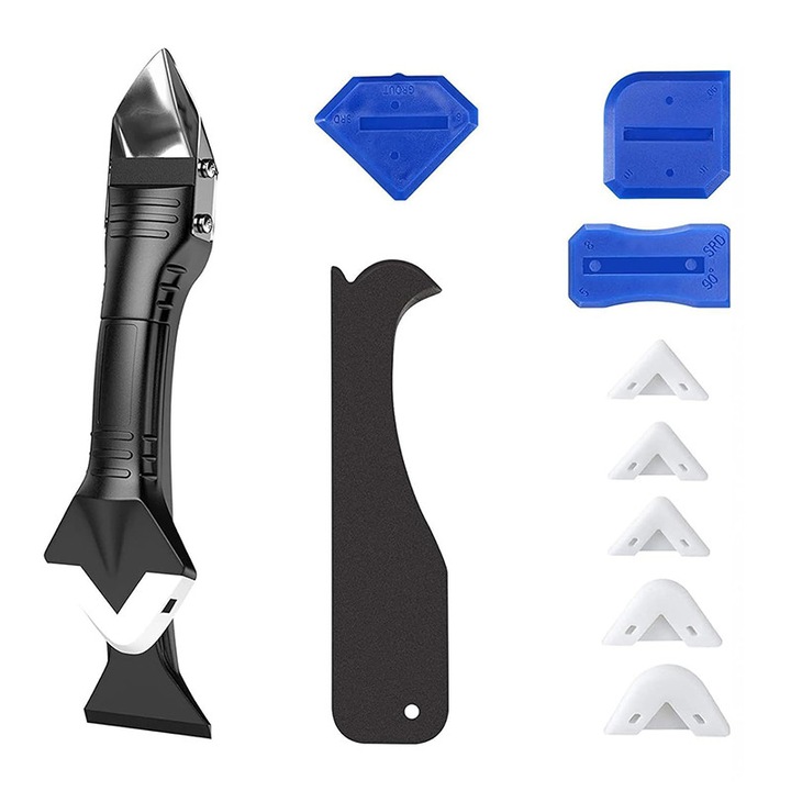 Set 5 in 1 pentru Indepartare & Finisare Silicone - Include Razatoare din Otel Inox si 5 Accesorii. Pentru Indepartare Glet, Finisare Etansare si Reparatii in Baie, Bucatarie, Ferestre