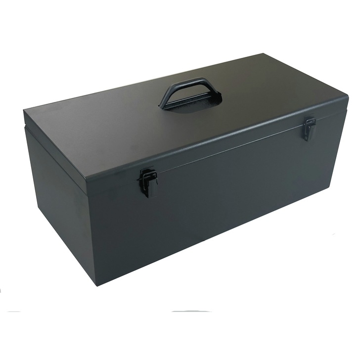 Amil24 fém szerszámtáska, 580x270x230 mm, fekete, nagy kapacitású, ergonomikus fogantyúval
