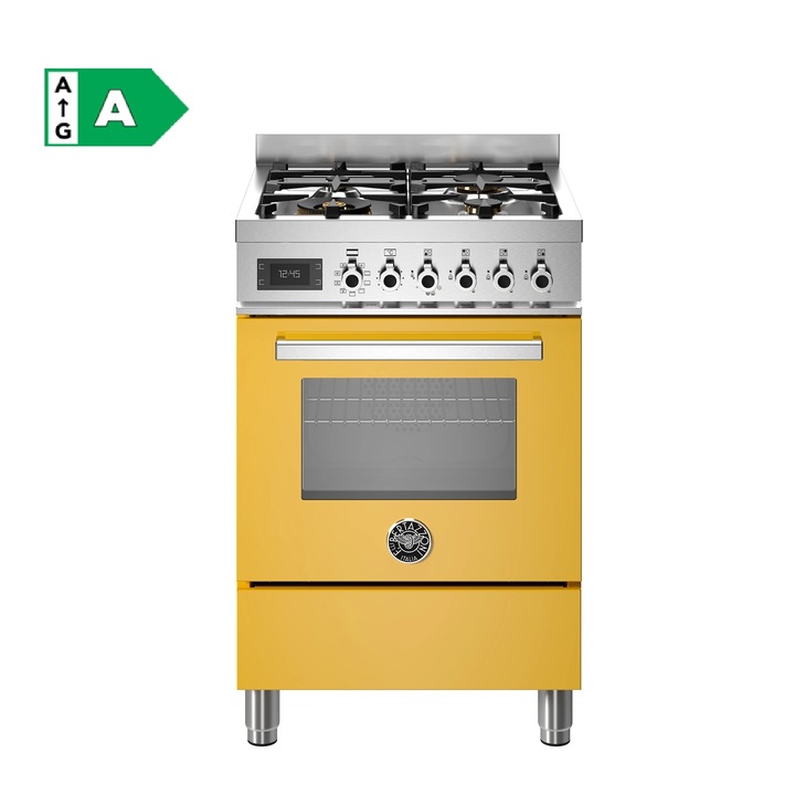 Aragaz premium cu plita pe gaz si cuptor electric Bertazzoni, 60 cm, 4 arzatoare, capacitate 69 litri, 11 moduri de gatire, temperatura reglabila, termometru cu sonda integrat, panou de control tactil, usa cu inchidere soft-close, galben