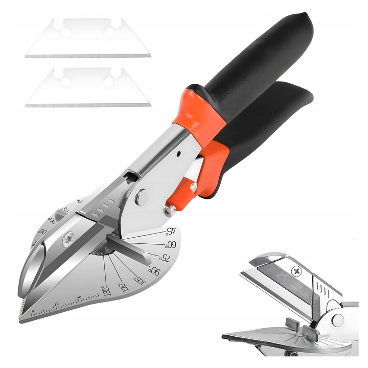 Foarfeca Unghiulara Pentru Taierea Garniturilor Si Listelor + 2 Lame, Oem, Unghi De Taiere 45° 135°, Material Lama Otel Sk5 Lama Intersanjabila, Material Maner Aliaj De Aluminiu + Strat Antiderapant Ppc, Blocare Lama Da, 220 x 70 mm, Multicolor