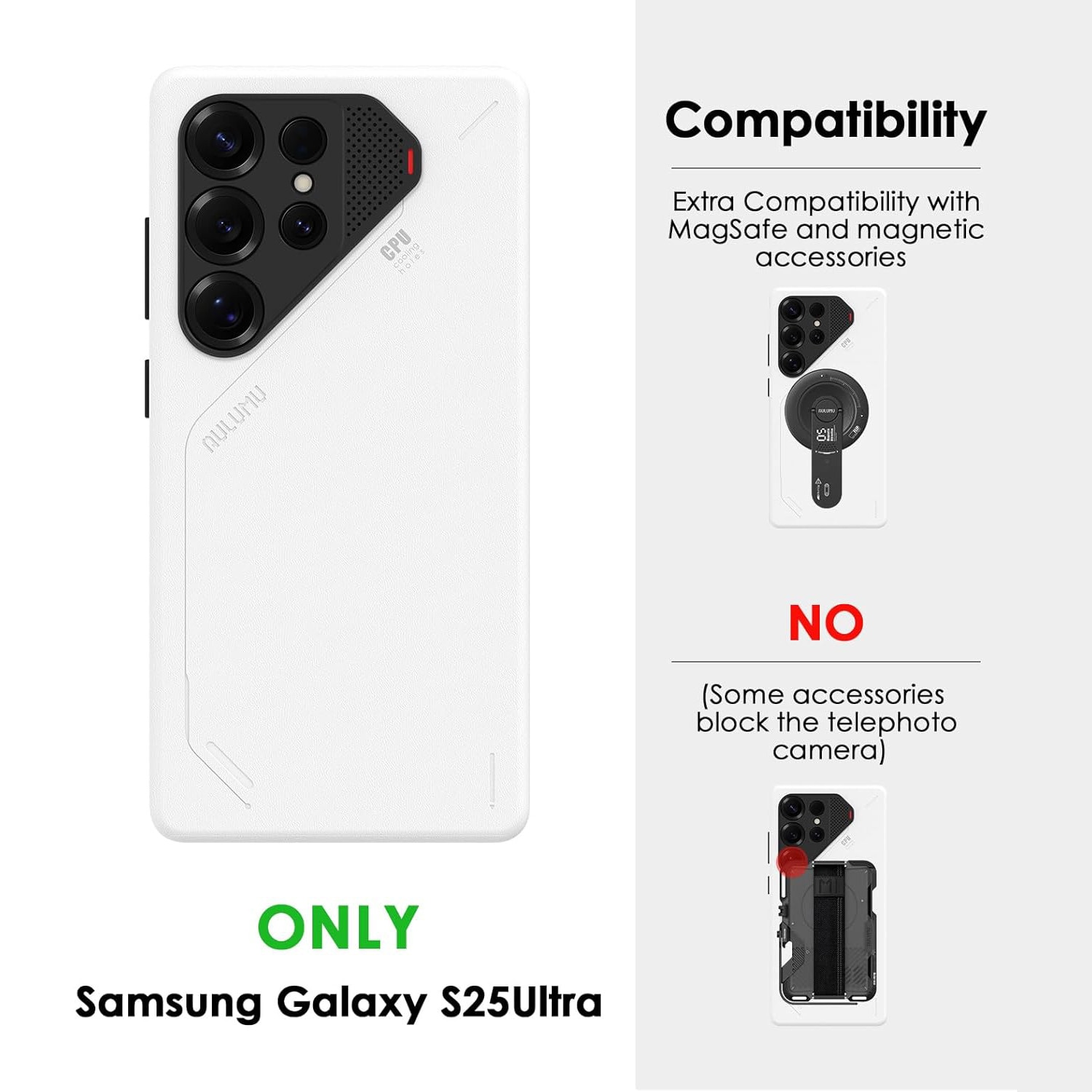 Husa pentru Samsung S25 Ultra, Aulumu Vegan Leather, Piele texturata, Ultra slim, Compatibila MagSafe, Racire activa CoolHyper, Butoane metalice, Protectie maxima, Alb