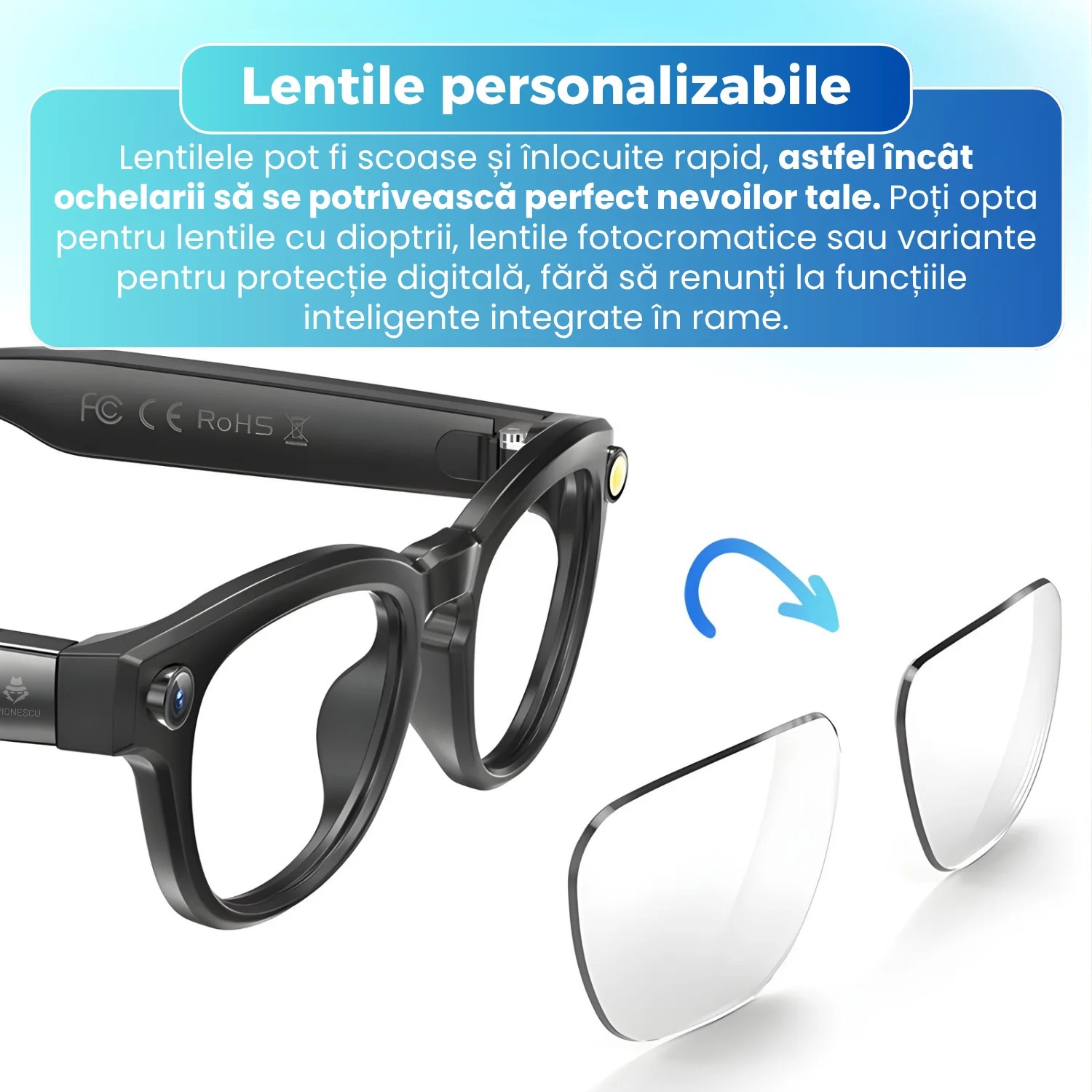 Ochelari inteligenti cu camera 4K, L801, Spionescu, lentile